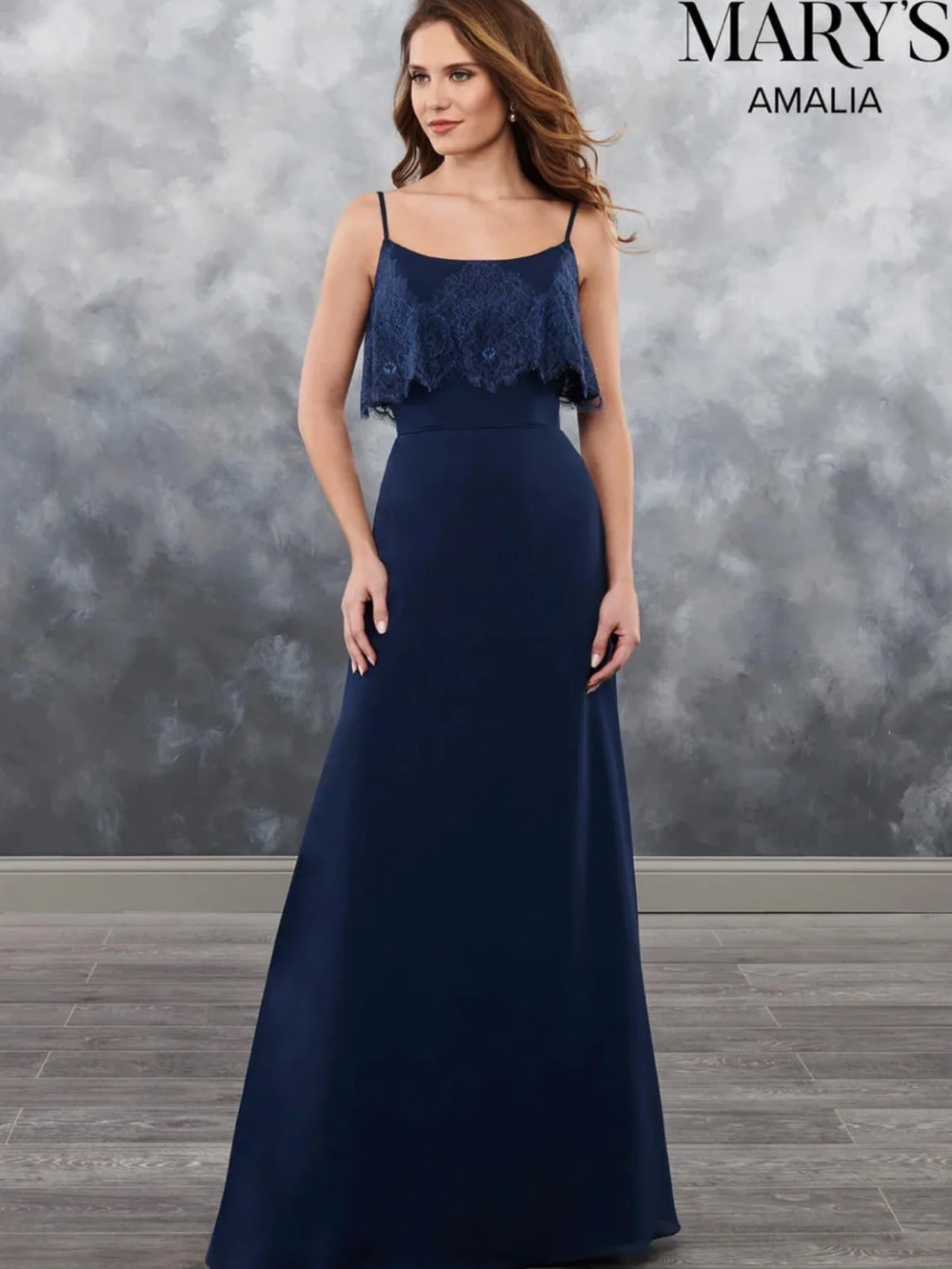 Mary's Bridal Navy Lace-Overlay Spaghetti Strap Evening Gown